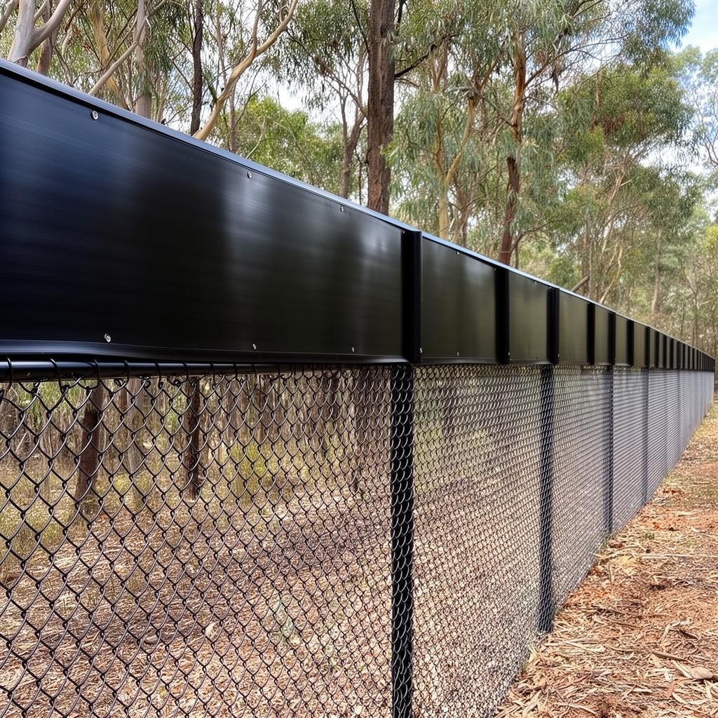 Black HDPE / Colorbond climb-proof topper capping a chain wire wildlife exclusion fence in Australian bushland