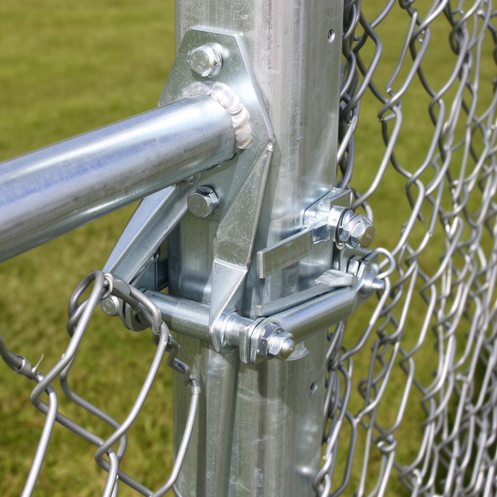 Close-up of a galvanised chain wire strainer post with brace, tension bar and stretcher bar fittings