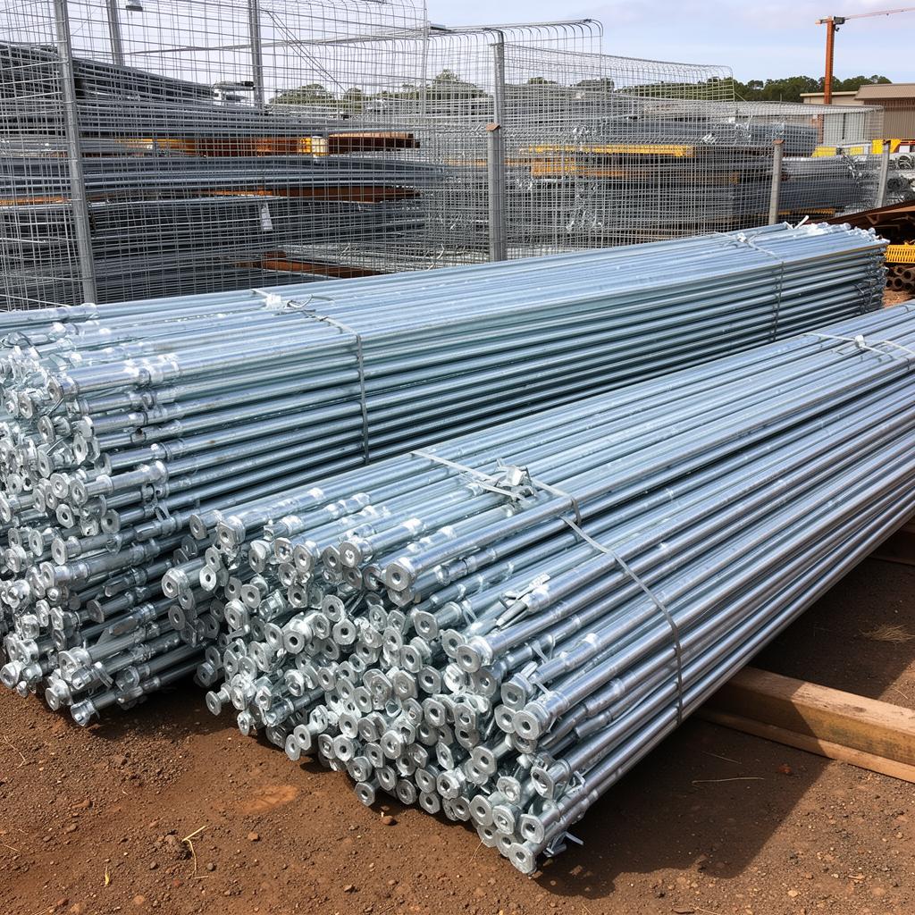 Galvanised chain wire fence posts, top rails and fittings bundled at an Australian steel yard