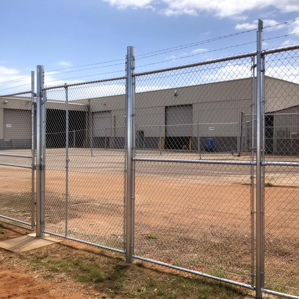 Commercial chain wire perimeter fence with galvanised posts and top rail at an industrial yard