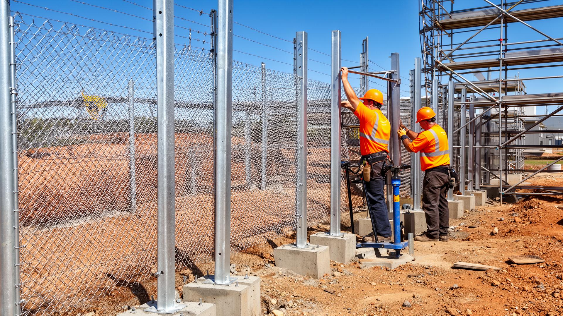 Fencing contractors installing galvanised steel posts and chainwire on an Australian industrial site