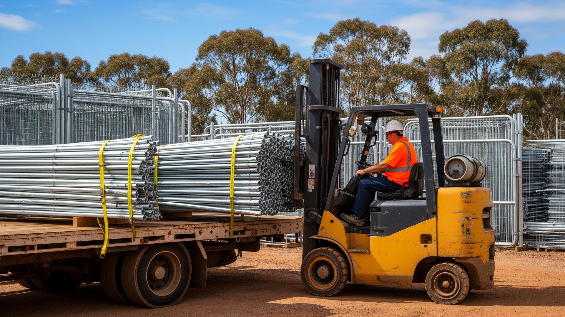 Forklift loading galvanised fence posts onto a flatbed truck
