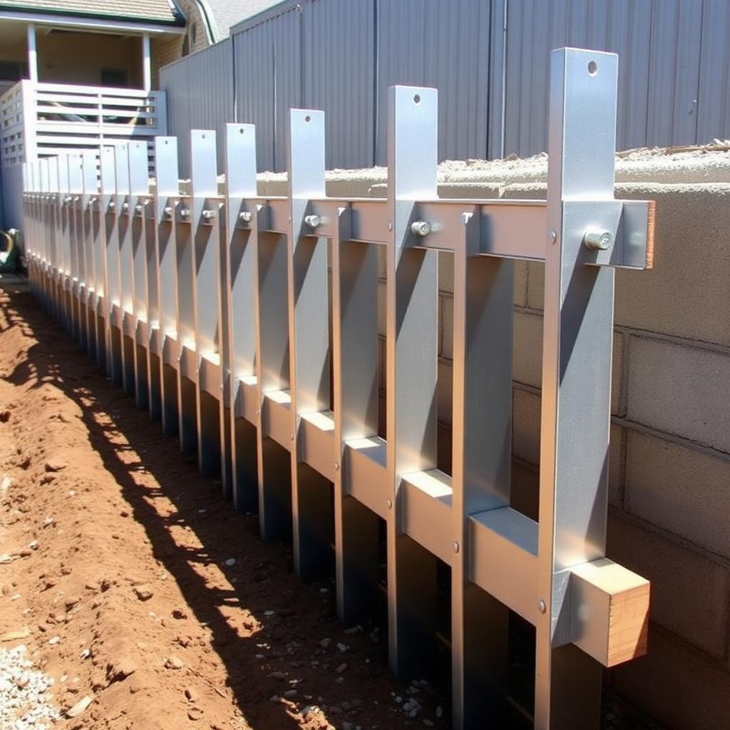 Galvanised H-posts and C-posts for sleeper retaining walls stacked in bulk at our Australian steel warehouse