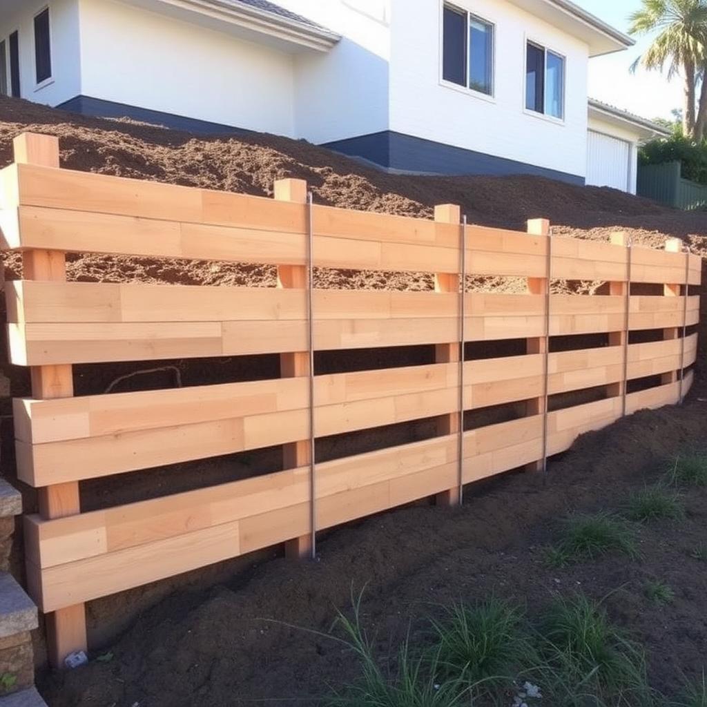 Galvanised H-posts and C-posts for sleeper retaining walls installed on an Australian project