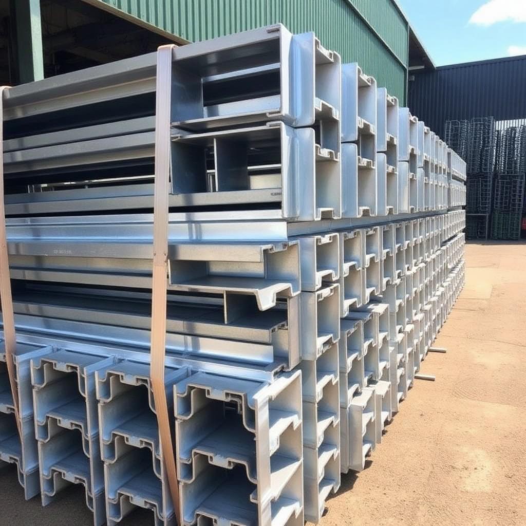 Galvanised structural steel sections stacked in bulk at our Australian steel warehouse