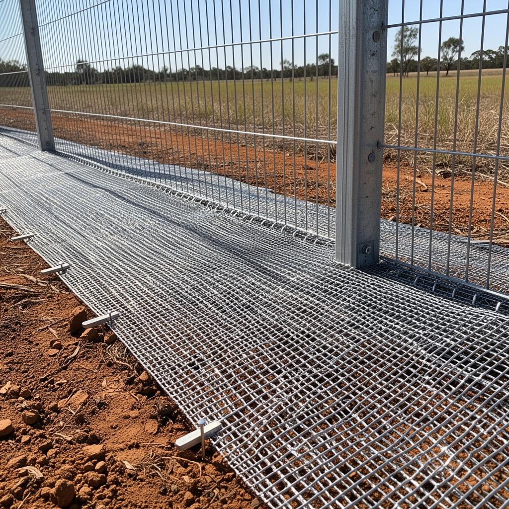 Ground-level apron skirt of a wildlife exclusion fence pinned to the ground at the base of galvanised posts