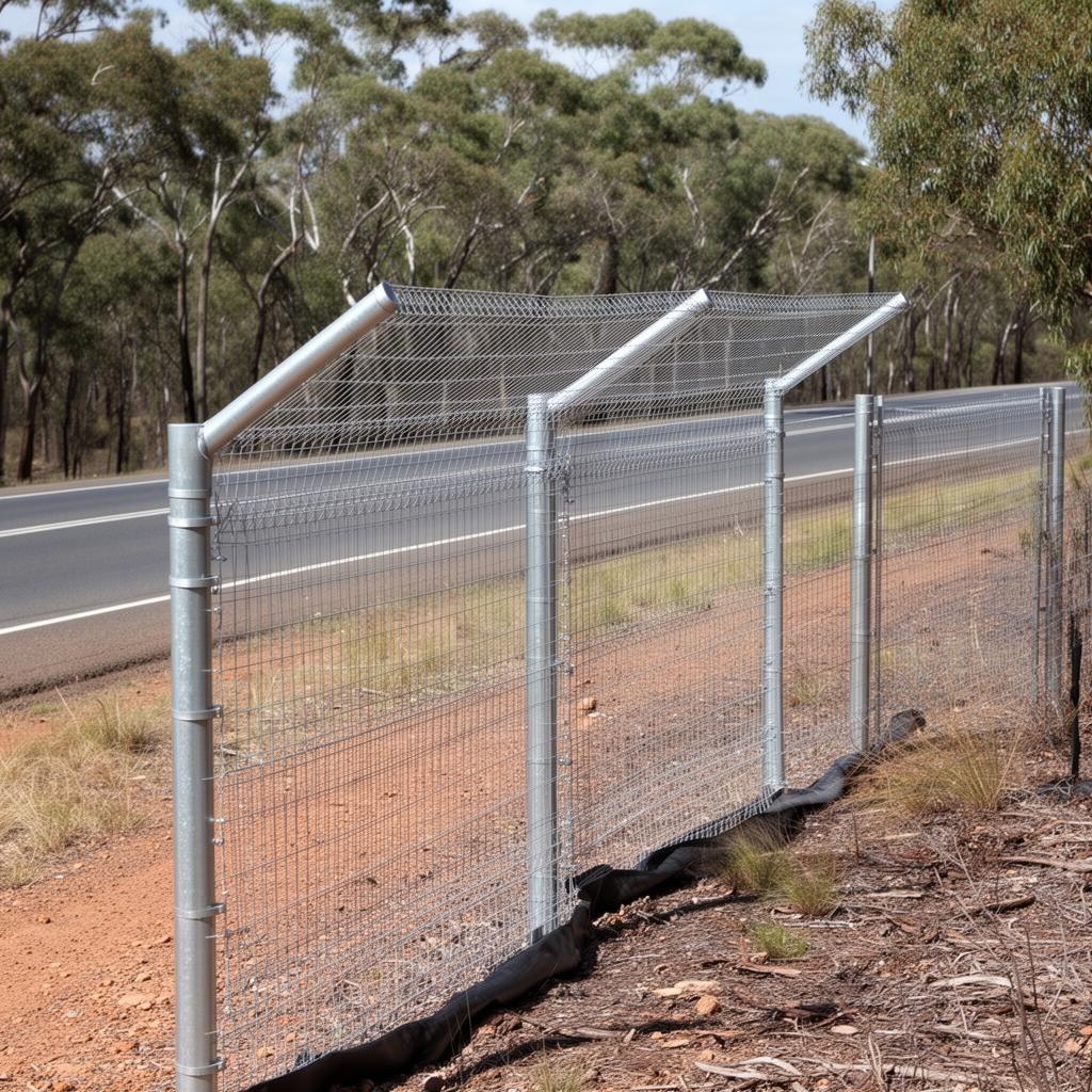 Roadside wildlife exclusion fence with galvanised steel posts and angled overhang along an Australian highway