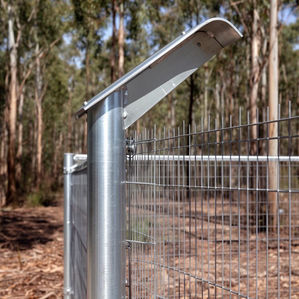 Koala exclusion fence — smooth galvanised CHS post with angled overhang arm in eucalyptus forest